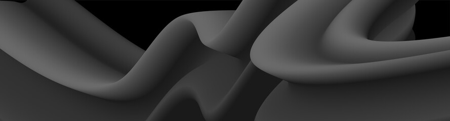 Panorama. Black and grey abstract background with 3d flow gradient shapes. Trendy horizontal design template for banners, flyers, covers, presentations, identity, landing pages. Vector illustration. 