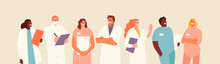 Group Of Friendly Medical Workers. Doctors, Orderlies, Nurses Vector Characters