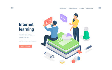 Poster - Man and woman studying in Internet. Isometric vector illustration