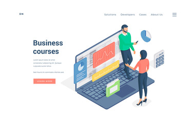 Poster - People attending business courses in internet. Isometric vector illustration