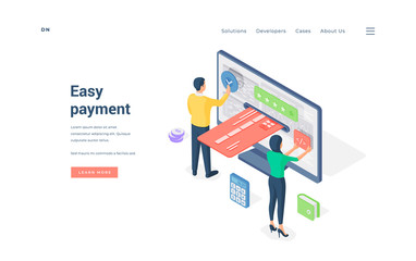 Poster - People using easy online payment service. Isometric vector illustration