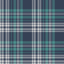 Plaid Pattern Seamless Vector Graphic. Blue, Teal Green, And Grey Tartan Check Plaid For Modern Autumn Winter Summer Textile Design. Striped Texture.