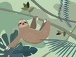Cute sloth in jungle rainforest. Colorful Illustration in flat style.