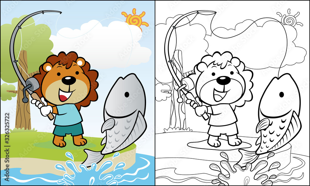 Cartoon of lion fishing in a river, coloring book or page - obrazy, fototapety, plakaty 