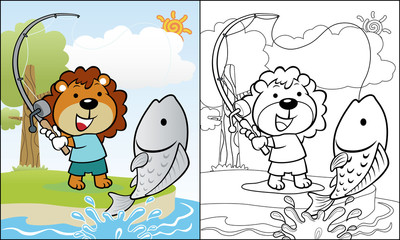 Wall Mural - Cartoon of lion fishing in a river, coloring book or page