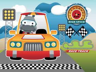 Sticker - Race car cartoon with hippo inside, on mountain background