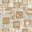 Vector seamless pattern on the Ancient Egypt theme with illustrations and hieroglyphs. Suitable for wallpaper, wrapping paper, fabric, background in retro style. The Egyptian symbols and mascots