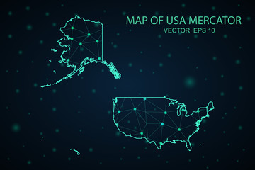 Map of USA Mercator. Wire frame 3D mesh polygonal network line, design sphere, dot and structure. communications map of USA Mercator. Vector Illustration EPS10.