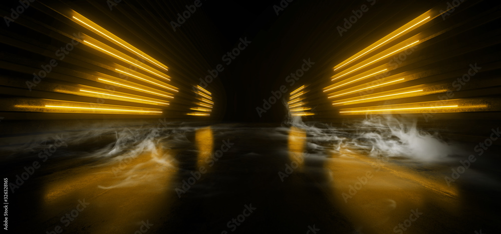 Sci Fi Futuristic Wing Shaped Alien Modern Smoke Fog Neon Led Lights Orange Yellow  Glowing Cyberpunk Concrete Dark Hallway Garage Showroom Garage Empty Background 3D Rendering - obrazy, fototapety, plakaty 