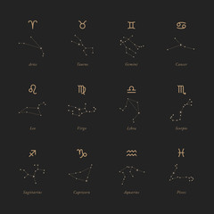 Constellations Vector Design.  Zodiac signs. Black and gold Minimalistic illustration set.