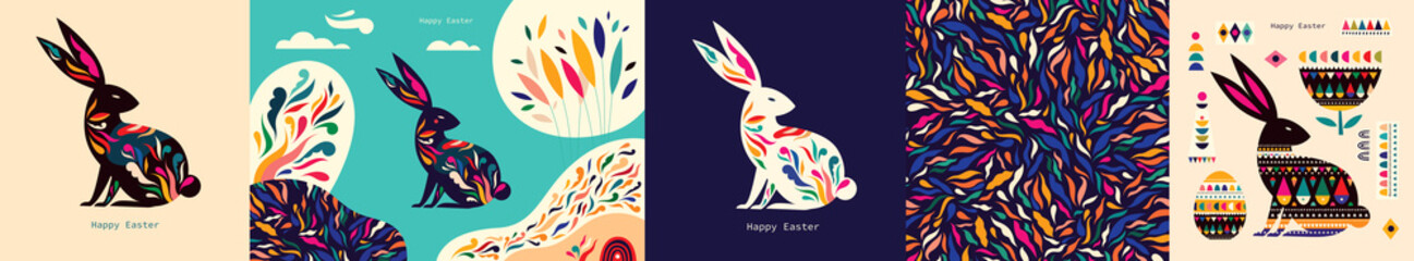 colorful collection with easter rabbit and easter eggs. happy easter greeting card with decorative e