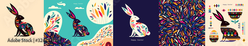 Colorful collection with easter rabbit and easter eggs Wallpaper Mural
