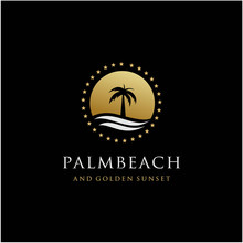Palm Tree And Golden Sunset Color Logo Design Vector