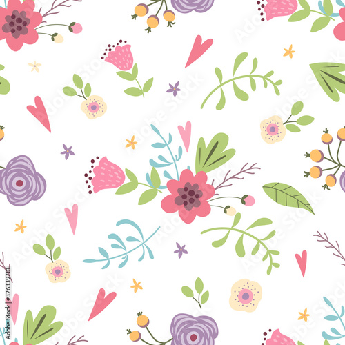 Summer meadow floral seamless pattern hand drawn spring pastel garden backgro...