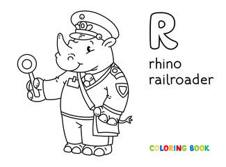 Wall Mural - Rhino railroader coloring book. Animal Alphabet R