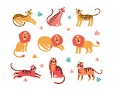 Fototapeta Pokój dzieciecy - Set of wild cats, leopard, lion, tiger. Flat vector illustration. Wild exotic animals. Set for animation. Cute animal characters for design of printed material and t-shirt, poster, postcard, sticker.