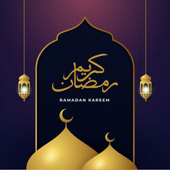 Wall Mural - Ramadan Kareem poster template design with great mosque background and traditional islamic light lamp decoration vector illustration. Translation : Ramadan Kareem