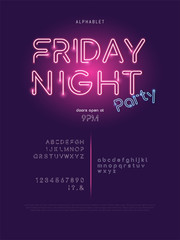 Leinwandbilder - Glowing neon light party theme modern  alphabet font set with lowercase uppercase and numbers
