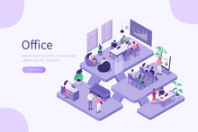 Business People Characters In Coworking Place. Businessman And Businesswoman Working, Discussing And Meeting In Open Space Office. Coworkers And Freelancers Team. Flat Isometric Vector Illustration.