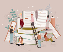People Or Students Reading Studying And Preparing For Examination Sitting On Stack Of Giant Books Or Beside It. Set Of Book Lovers, Readers, Modern Literature Fans. Flat Cartoon Vector Illustration