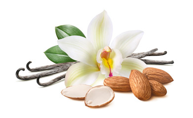 Wall Mural - vanilla pods with flower and almond nuts isolated on white background with clipping path