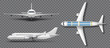 Realistic white airplane, airliner isolated. Airplane in profile, from the front and top view. Travel Passenger plane mockup set. Vector illustration