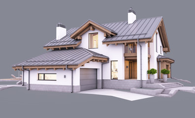 Wall Mural - 3d rendering of modern cozy house in chalet style with garage and pool for sale or rent in evening with cozy light from window. Isolated on gray