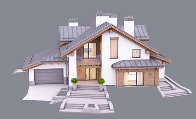 Wall Mural - 3d rendering of modern cozy house in chalet style with garage and pool for sale or rent in evening with cozy light from window. Isolated on gray