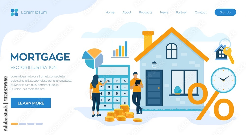 Mortgage concept. House loan or money investment to real estate. Property money investment contract. Buying Home. Man and woman calculates home mortgage rate. Vector illustration with characters. - obrazy, fototapety, plakaty 