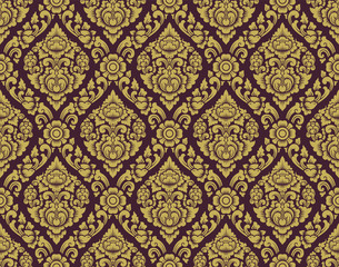 Gold and brown Lai thai pattern ,Thai traditional background with Flowers and vines cross vector art design
