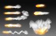 Set of realistic flying bullet and shaped firework explosion. Smoke traces, special effects steps of smoke clouds and shotgun fire isolated on transparent background