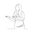 Continuous line drawing of business woman showing for something presentation. Vector illustration