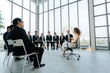 © eakgrungenerd - Group of business people sitting listen and present reviews in meeting room, leadership present, business teamwork partner concept.