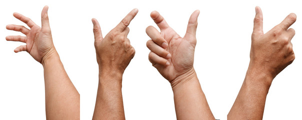 GROUP OF Male Asian hand gestures isolated over the white background. Soft Grab Action. Touch Action.