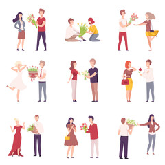 Poster - Young Men Giving Bouquet of Flowers to Beautiful Women, Romantic Couples in Love on Date, Holiday Congratulations Flat Vector Illustration