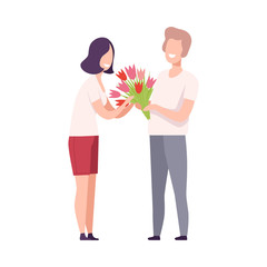 Poster - Man Giving Bouquet of Flowers to Beautiful Brunette Woman, Romantic Couple in Love on Date, Holiday Congratulation Flat Vector Illustration