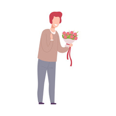 Poster - Young Man Holding Bouquet of Flowers, Holiday Congratulations, Romantic Date Vector Illustration