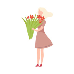 Wall Mural - Beautiful Young Smiling Woman Holding Bouquet of Flowers, Happy Attractive Girl Character Wearing Casual Stylish Clothes Flat Vector Illustration