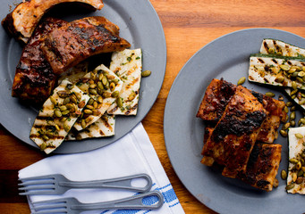 Wall Mural - Pork BBQ Ribs. Traditional classic american barbecue staple. Pork ribs seasoned with a dry rub and slow smoked over mesquite wood chips served with homemade bbq sauce. 