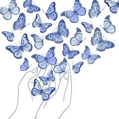 Vector illustration with hands holding blue watercolor butterflies on white background