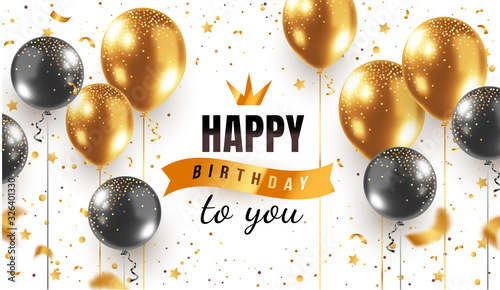 Fotografía Vector happy birthday horizontal illustration on white background with 3d realistic golden and black air balloon with text and glitter confetti
