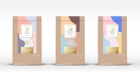 Wall Mural - craft paper bag with chocolate labels set. abstract vector packaging design layout with realistic sh