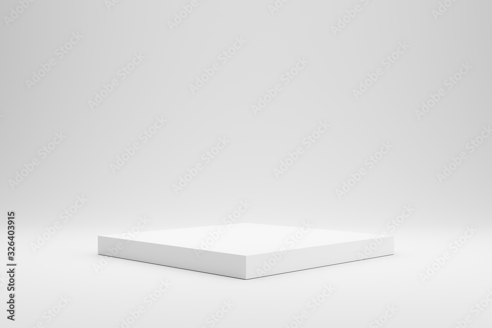 Empty podium or pedestal display on white background with box stand concept. Blank product shelf standing backdrop. 3D rendering. - obrazy, fototapety, plakaty 