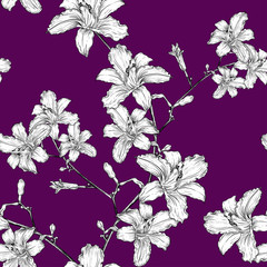 Seamless pattern with white lilies on branches on a dark purple background. Hand-drawn vector composition.