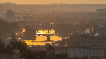 Wall Mural - Attractive morning view of Prague bridges and old town timelapse, Czech Republic