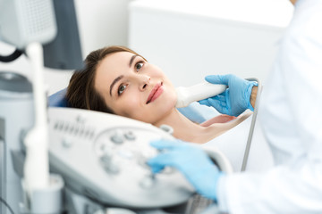 Wall Mural - doctor examining thyroid of female patient with ultrasound scan in clinic