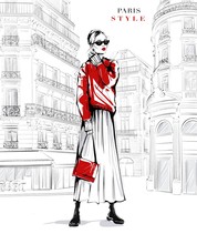 Hand Drawn Beautiful Young Woman In Sunglasses. Fashion Woman In Red Sweater. Girl In Fashion Clothes With Paris Street Background. Sketch. Fashion Illustration.