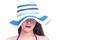 © Sasils Production - Cute asian woman in red bikini, summer hat and jeans isolated in white background. Hat is hiding her face. Sexy summer concept. Banner frame.