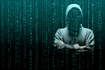 Wall Mural - Anonymous computer hacker over abstract digital background. Obscured dark face in mask and hood. Data thief, internet attack, darknet fraud, dangerous viruses and cyber security.