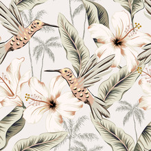 Hummingbirds, Hibiscus Flowers, Banana Leaves, Palm Trees, Beige Background. Vector Floral Seamless Pattern. Tropical Illustration. Exotic Plants, Birds. Summer Beach Design. Paradise Nature